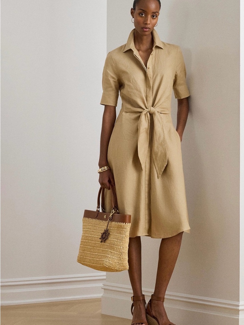 Polo by Ralph Lauren Khaki Tie-Front Midi Shirt Dress
